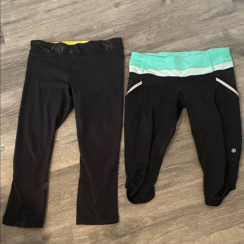 2Lululemon athletica 1 Black Capri Leggings w Mint  & 1 Yellow Waistband size 10